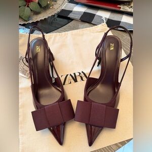 Zara Burgundy Pointed Toe Slingback Heels with Bow